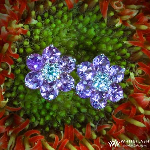 Pink Sapphire Flower Cluster Diamond Earrings | 7607