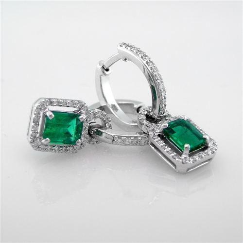 Pave Diamond Hoops with Emerald Halo Drop Earrings