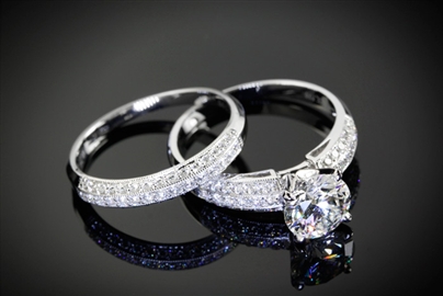 Three Side Pave Diamond Engagement Ring and Matching Wedding Ring