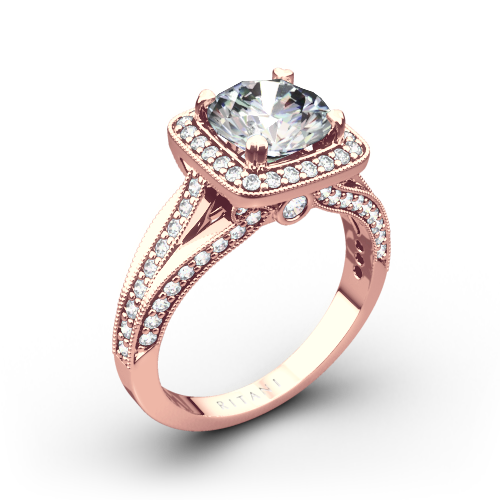 Ritani 1RZ3154 Masterwork Cushion Halo Vaulted Milgrain Diamond Engagement Ring