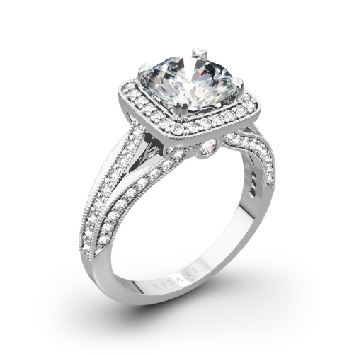 Ritani 1RZ3154 Masterwork Cushion Halo Vaulted Milgrain Diamond Engagement Ring