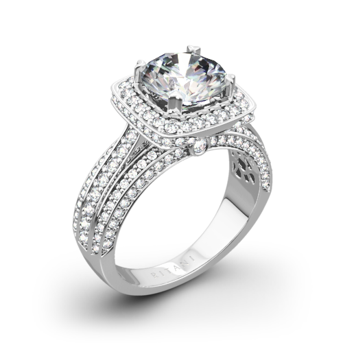 Ritani 1RZ3156 Masterwork Cushion Halo Triple Diamond Engagement Ring