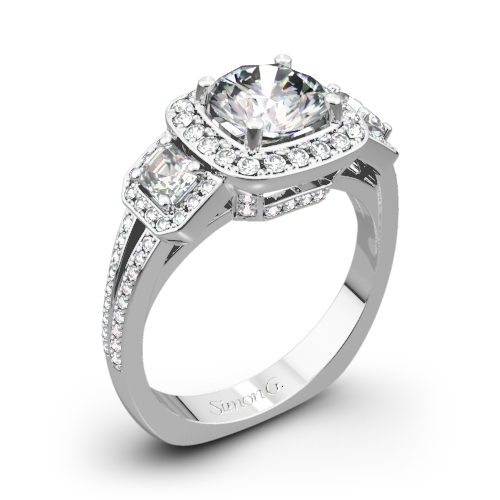 Simon G. TR446 Passion Halo Three Stone Engagement Ring