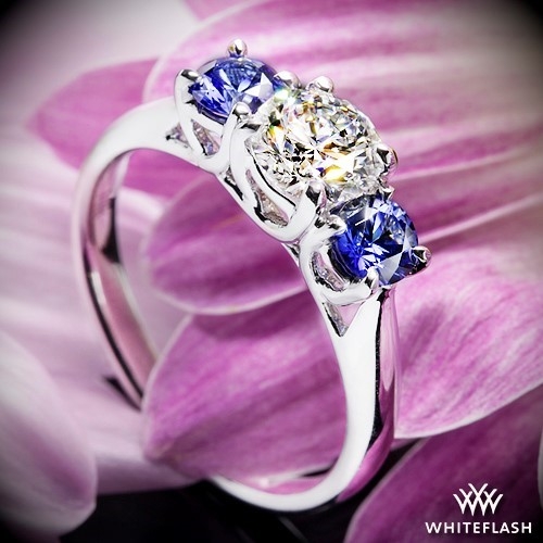 Trellis 3 Stone Engagement Ring with two Blue Sapphires