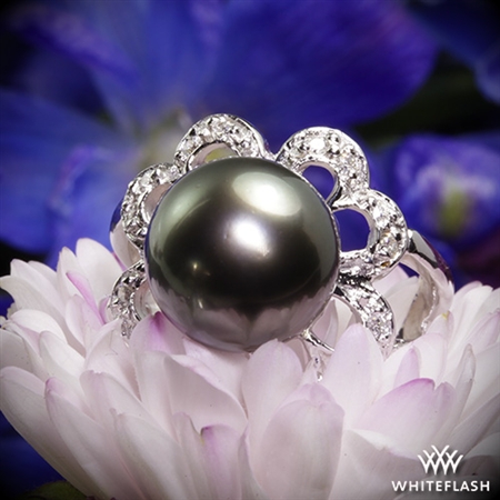 Blooming Tahitian Black Pearl and Diamond Ring