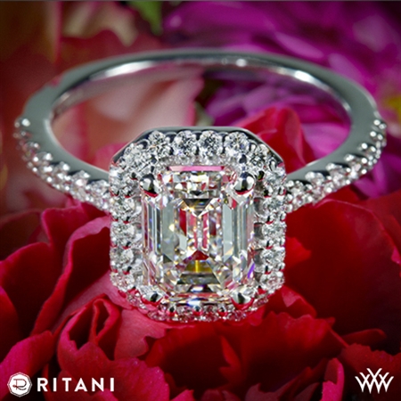 Ritani 1EMZ1323 French-Set Halo Diamond Engagement Ring for Emerald