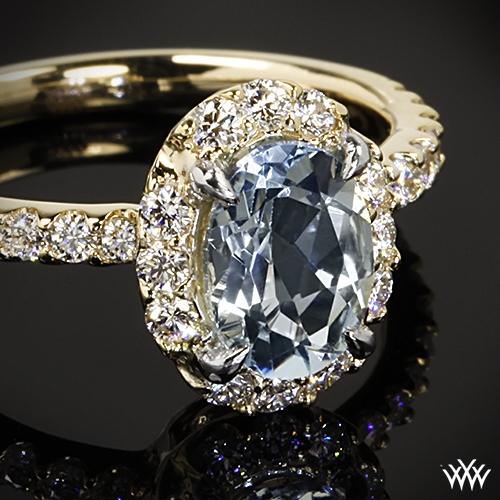 14k Yellow Gold Oval Halo Aquamarine and Diamond Right Hand Ring