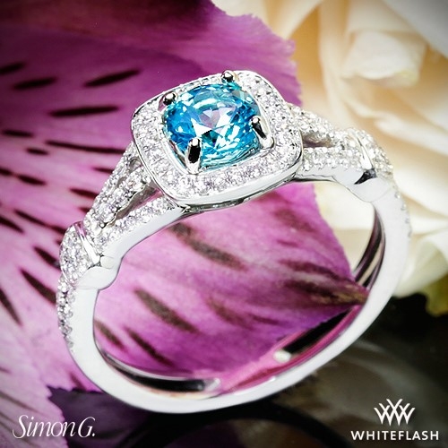 5mm Round Blue Topaz set in Simon G. TR418-D Engagement Ring