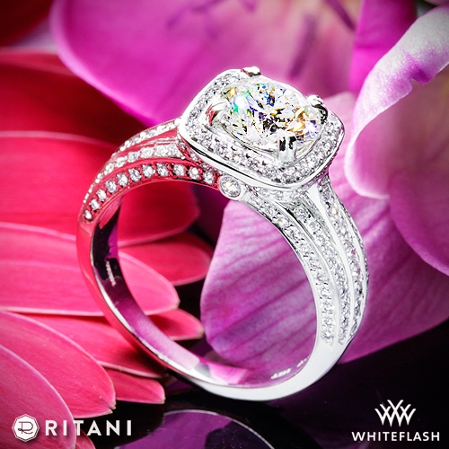 Ritani 1RZ3156 Masterwork Cushion Halo Triple Diamond Engagement Ring