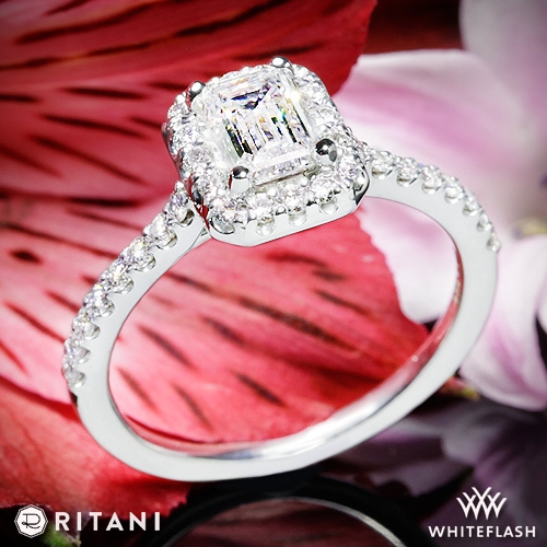 Ritani 1EMZ1323 French-Set Halo Diamond Engagement Ring for Emerald