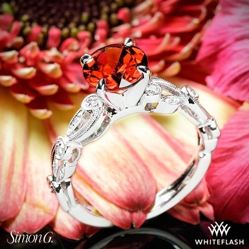 7.5mm Round Garnet set in Simon G. TR473 Engagement Ring