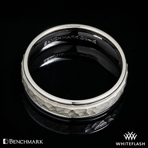 18k White Gold Benchmark 6mm Hammered Milgrain Wedding Ring