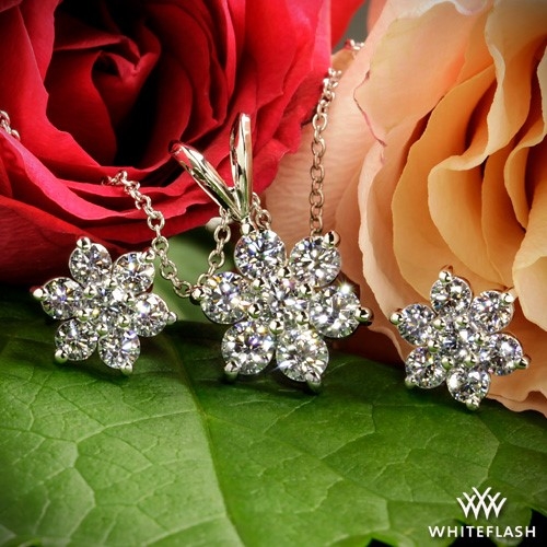 Flower Cluster Diamond Pendant and Earrings