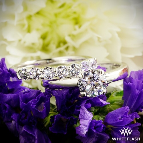 14k White Gold Solitaire Engagement Ring with Seven Stone Shared Prong Diamond Wedding Ring