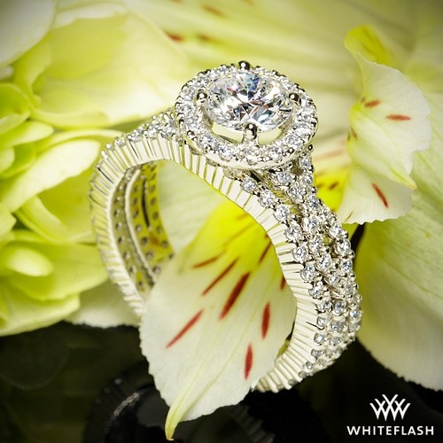 14k White Gold Twisted Shared Prong Halo Diamond Engagement Ring with Contoured Shared Prong Halo Diamond Wedding Ring