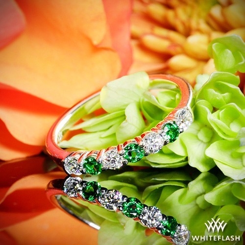 14k White Gold Semi Custom Seven Stone Shared-Prong Diamond and tsavorite garnets Wedding Ring