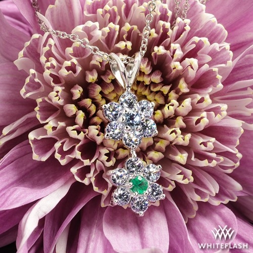 14k White Gold Semi Custom Flower Cluster Diamond Pendant with Aquamarine and Emerald Center Stones
