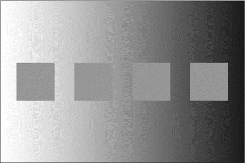 An optical illusion showing four squares of the same shade of gray positioned on a background that gradually transitions from light gray on the left to dark gray on the right. Despite the squares being identical, they appear to vary in shade due to the gradient background.