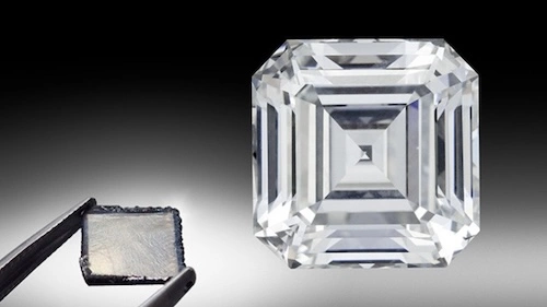 Close-up comparison of a rectangular lab-grown diamond seed next to a polished, cut, and faceted Asscher-cut lab-grown diamond, showcasing the transformation from seed to finished diamond.