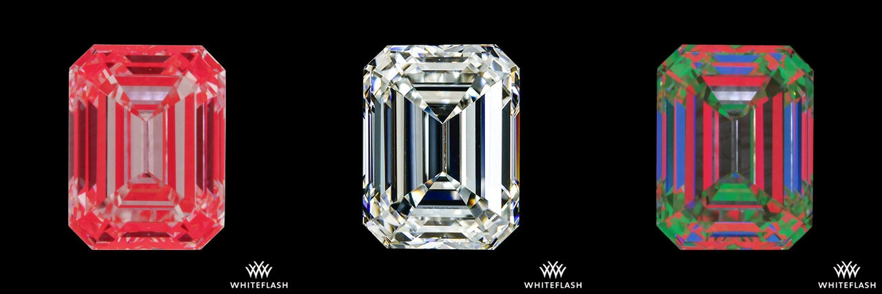 ASET image of an emerald-cut diamond displaying light performance with red, green, and blue areas, showing strong brightness and contrast.