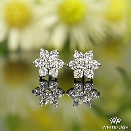 14k White Gold Flower Cluster Diamond Earrings