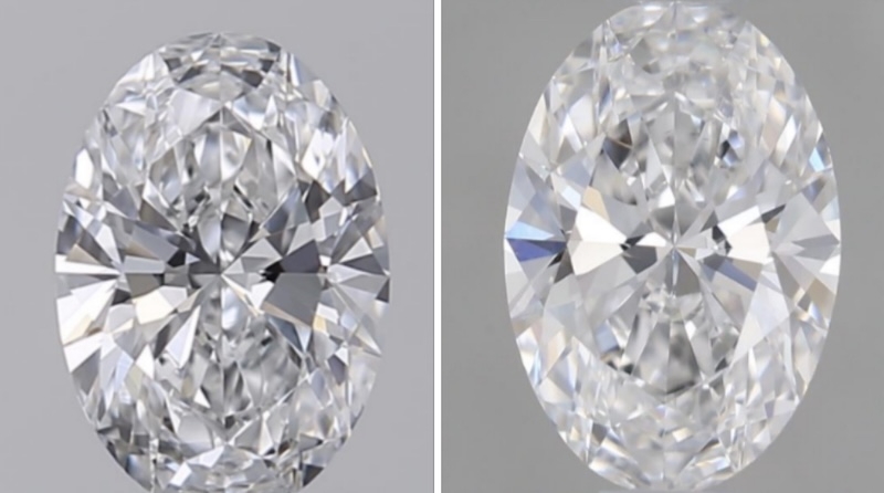 Side-by-side comparison of two oval-cut diamonds. The left diamond features crisp virtual facets with strong light performance, while the right diamond has blurry virtual facets, indicating potential transparency or cut quality issues.