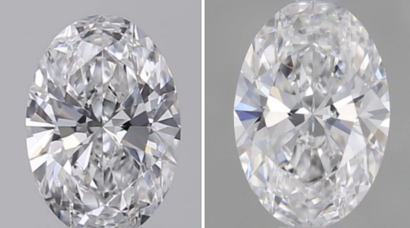 Side-by-side comparison of two oval-cut diamonds. The left diamond features crisp virtual facets with strong light performance, while the right diamond has blurry virtual facets, indicating potential transparency or cut quality issues.
