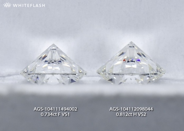 Side-by-side comparison of two round brilliant diamonds viewed from the pavilion. The left diamond (0.734ct F VS1) appears whiter, while the right diamond (0.812ct H VS2) has a slight warmth, demonstrating differences in color grading.