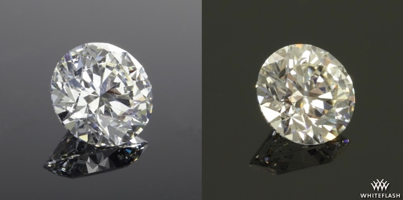 A side-by-side comparison of one round brilliant diamond under different lighting conditions. The left appears bright and colorless, while the right diamond shows a noticeable warm tint, highlighting the impact of lighting on diamond color perception.