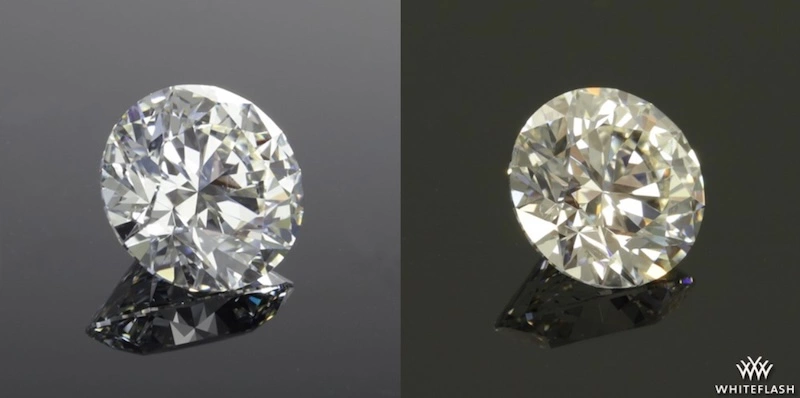 A side-by-side comparison of one round brilliant diamond under different lighting conditions. The left appears bright and colorless, while the right diamond shows a noticeable warm tint, highlighting the impact of lighting on diamond color perception.