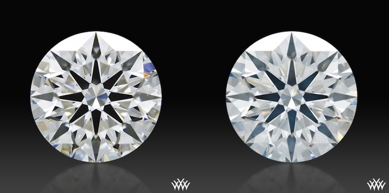 Side-by-side comparison of two round brilliant diamonds showcasing differences in transparency. The left diamond appears brighter with crisp contrast, while the right diamond is hazy.