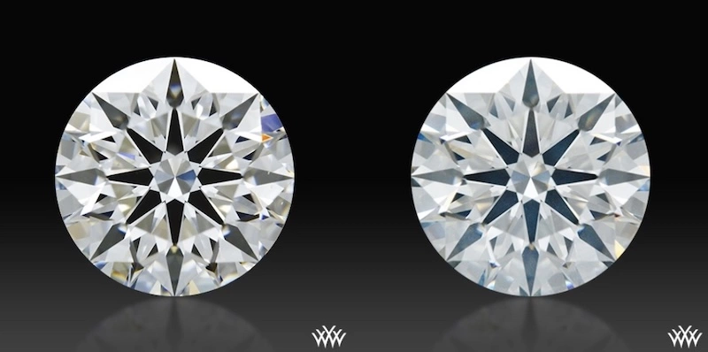 Side-by-side comparison of two round brilliant diamonds showcasing differences in transparency. The left diamond appears brighter with crisp contrast, while the right diamond is hazy.