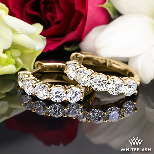 14k Yellow Gold Five Stone Diamond Hoop Earrings
