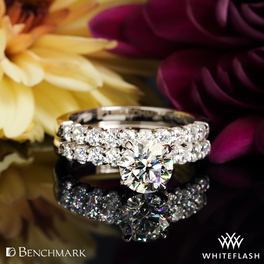 14k White Gold Benchmark Crescent Diamond Shared Prong Wedding Set