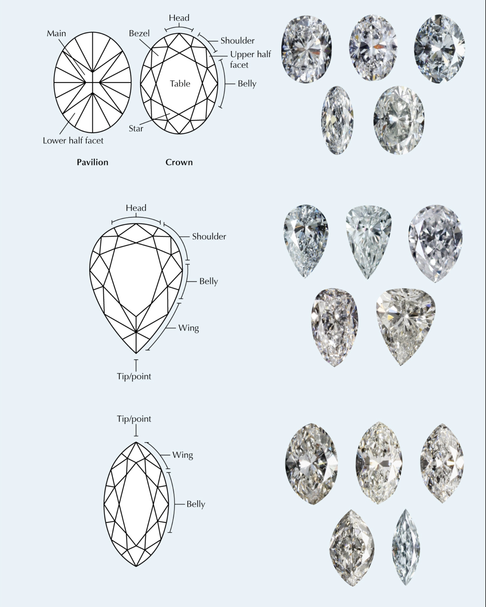 An educational diagram and visual guide showing the anatomy and appearance variations of oval, pear, and marquise-shaped diamonds, including labeled facet diagrams and real diamond examples.