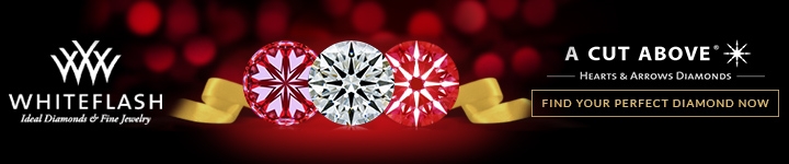 Whiteflash banner featuring three round diamonds showcasing hearts and arrows patterns, with the text “A CUT ABOVE® Hearts & Arrows Diamonds” and a call-to-action button reading “Find Your Perfect Diamond Now.”