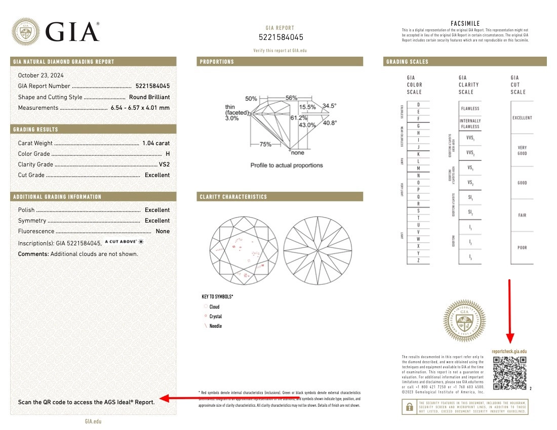 GIA Diamond Report Highlighting the AGS Ideal Report QR Code