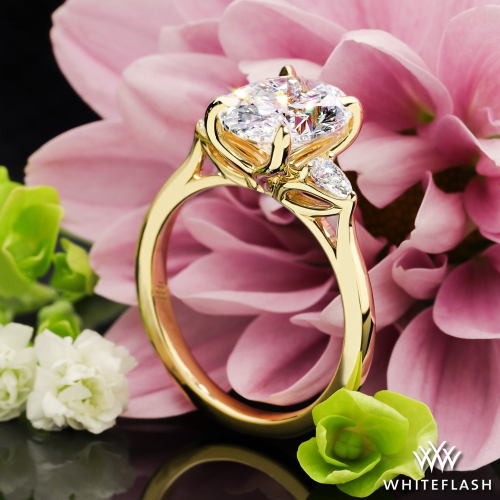 18k Yellow Gold Custom 3 Stone Tulip Ring with Petal Side Stone