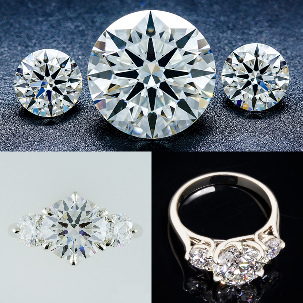 Collage showing round brilliant diamonds and diamond rings. The top section features three loose round diamonds on a dark surface, all displaying crisp hearts and arrows optical symmetry. The largest diamond is in the center, flanked by two smaller ones. The bottom left image shows a three-stone diamond ring with a large center stone and two side stones on a white background. The bottom right image displays a white gold ring with an ornate setting holding multiple round diamonds, shown on a glossy black background.