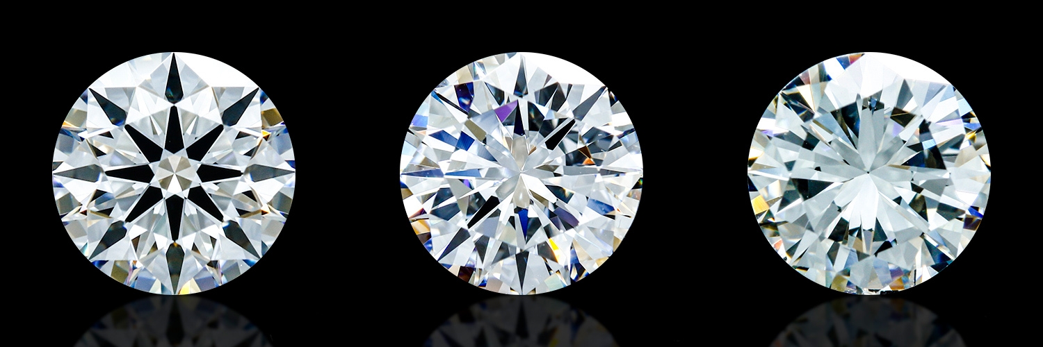 Side-by-side comparison of three round brilliant diamonds showing varying levels of cut precision. All three are viewed from above, revealing their arrow patterns. The diamond on the left has sharp, symmetrical dark arrows, indicating excellent faceting precision. The middle diamond shows uneven arrows and some distortion, reflecting average precision. The right diamond has faint, uneven arrows with poor contrast, suggesting the lowest level of cut precision.