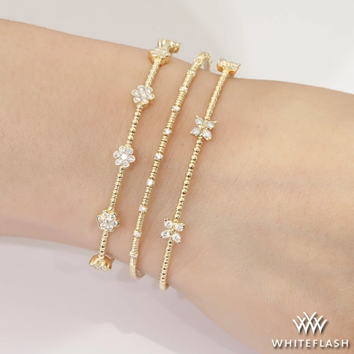 14k Yellow Gold Flexible Clover Cluster Diamond Bangle 0.38ctw