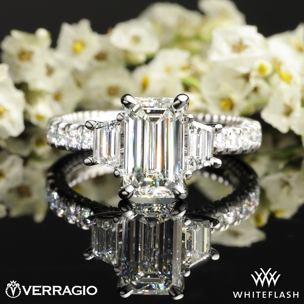 Verragio Half Eternity Three Stone Emerald & Step Cut Trapezoid Ring Setting with Half Diamond Riviera