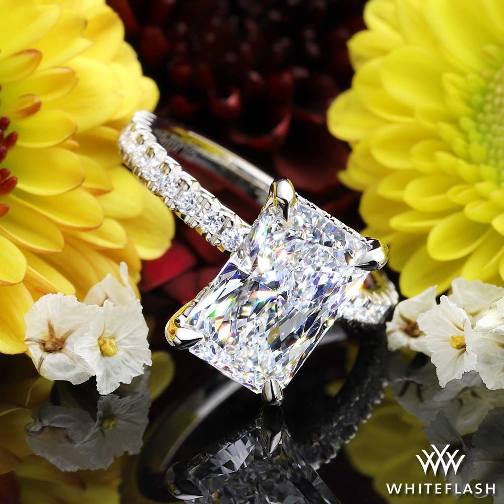 Custom 3/4 Eternity Fish Tail Pave Lab Created Diamond Engagement Ring setting with Hidden Halo 