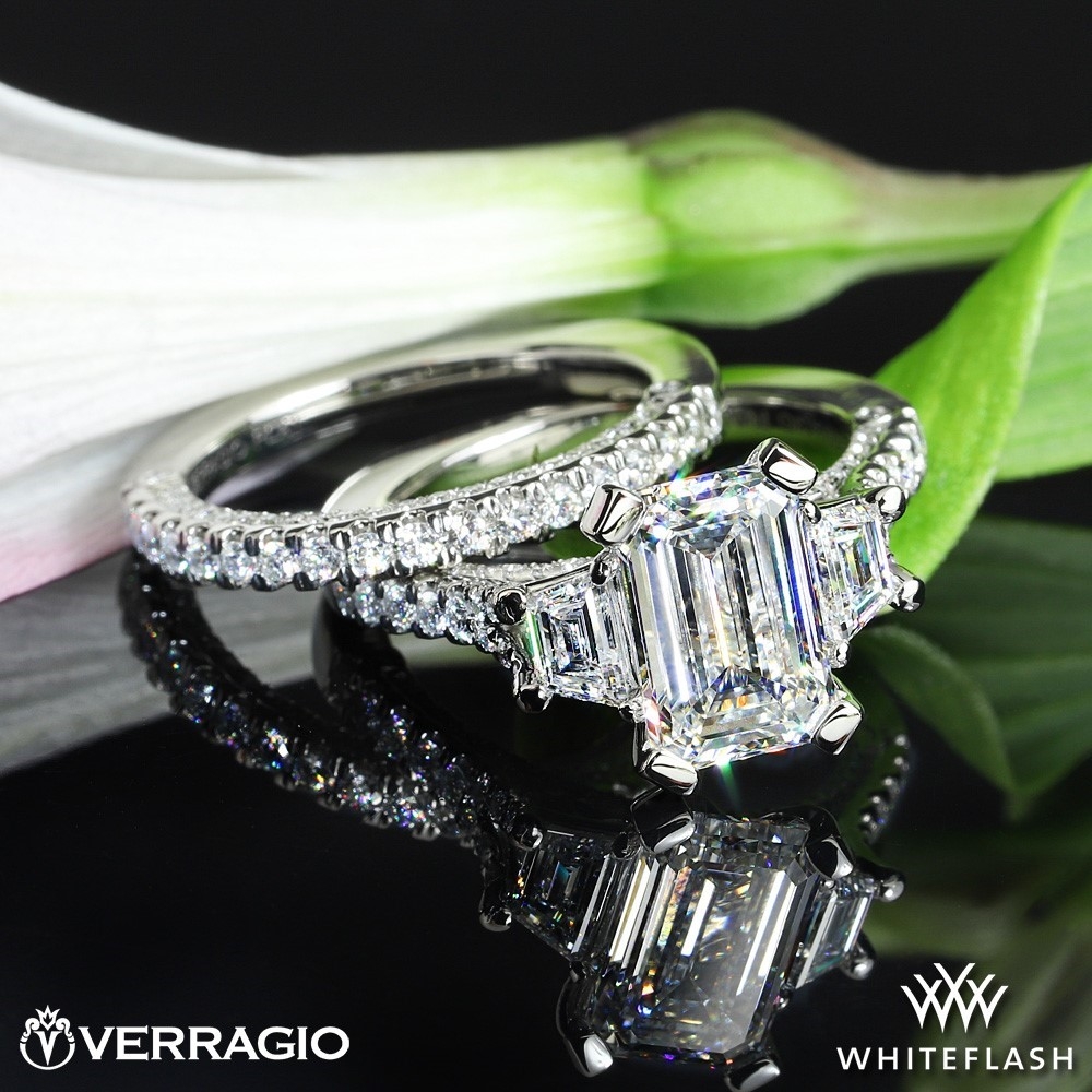 Platinum Verragio Three Stone Diamond Engagement Ring with Venetian Wedding Band