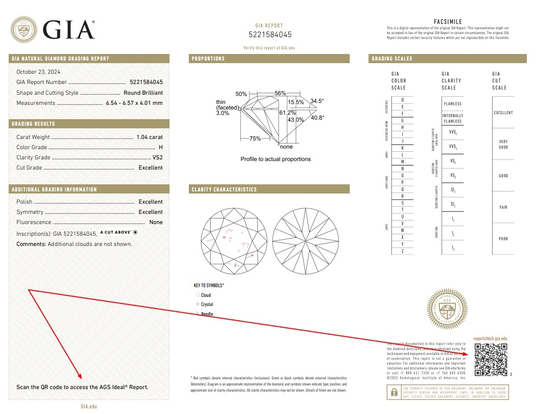 GIA diamond grading report with a red arrow highlighting the QR code used to access the AGS Ideal Report.