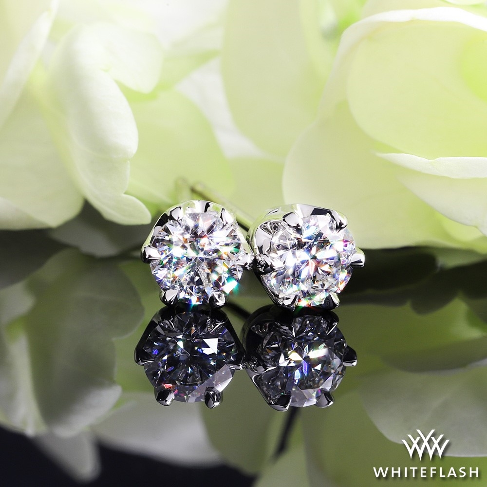 14k White Gold 6 Prong Crown Diamond Earrings