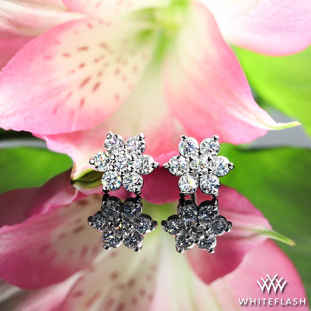 14k White Gold Flower Cluster Diamond Earrings