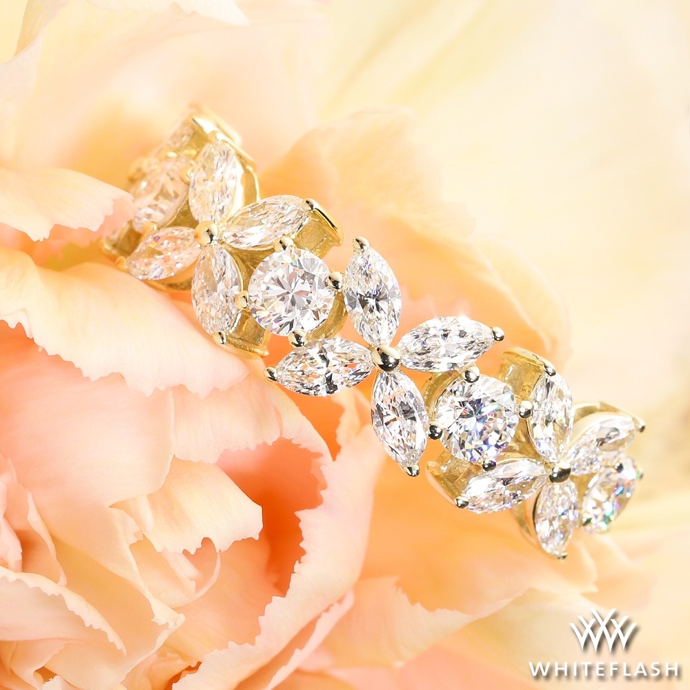 14k Yellow Gold Flowers of Marquise Lab Created Diamond Anniversary Ring