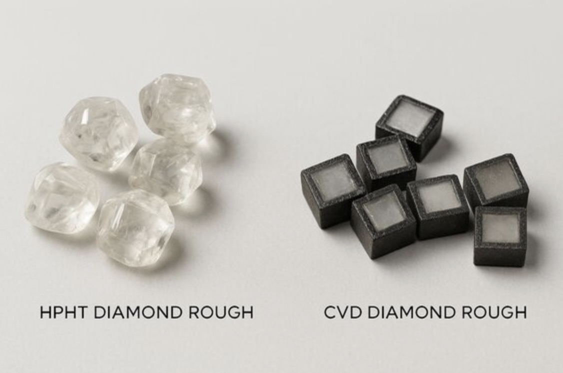Comparison of HPHT and CVD lab grown diamond rough showing octahedral HPHT crystals and cubic CVD crystals side by side