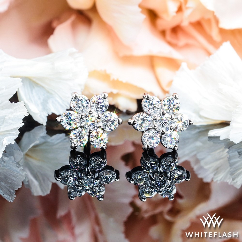 14k White Gold Flower Cluster Diamond Earrings